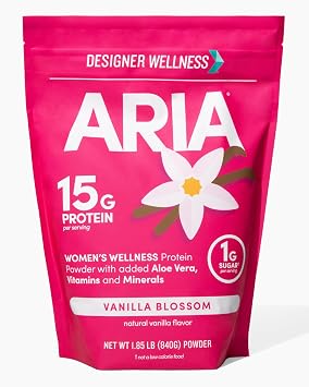 Designer Wellness, Aria, Womens Wellness Low Calorie Vanilla Protein Powder with Biotin, Vitamin C and Organic Aloe, Vanilla Blossom, 1.85 Pound