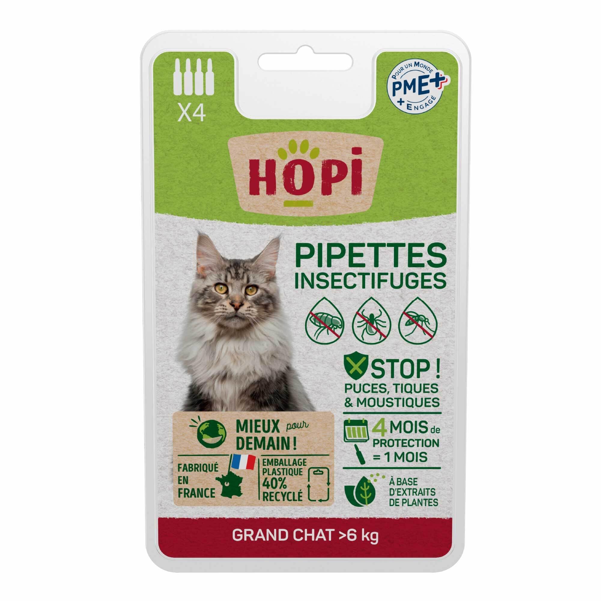HOPI Pipette Anti Puces Chat de Plus de 6 kg - 4 Mois de Protection Contre Les Puces, Les Tiques et Les Moustiques - Extraits de Plantes - Pratique et Facile - Fabriqué en France