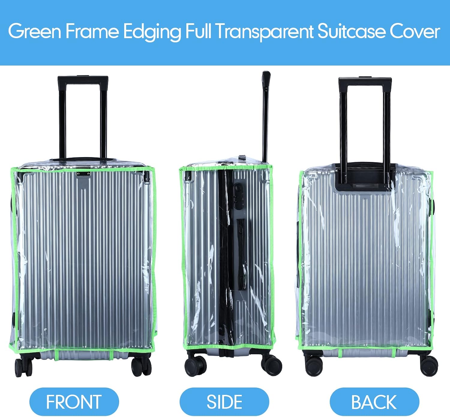 Sadnyy 3 Pieces Clear Luggage Cover PVC Suitcase Luggage Protector for 20" 24" 28" Luggage Waterproof Cover(Fluorescent Green Border,Regular Style)