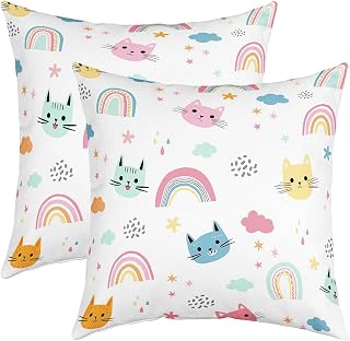 Cartoon Cats 18x18 Inch Square Pillow Cover Rainbow Stars Cloud Cute Throw Pillow Cover for Living Room Bed Colorful Kittens Pet Home Decor Party Sofa Cushion Case 2 Pack