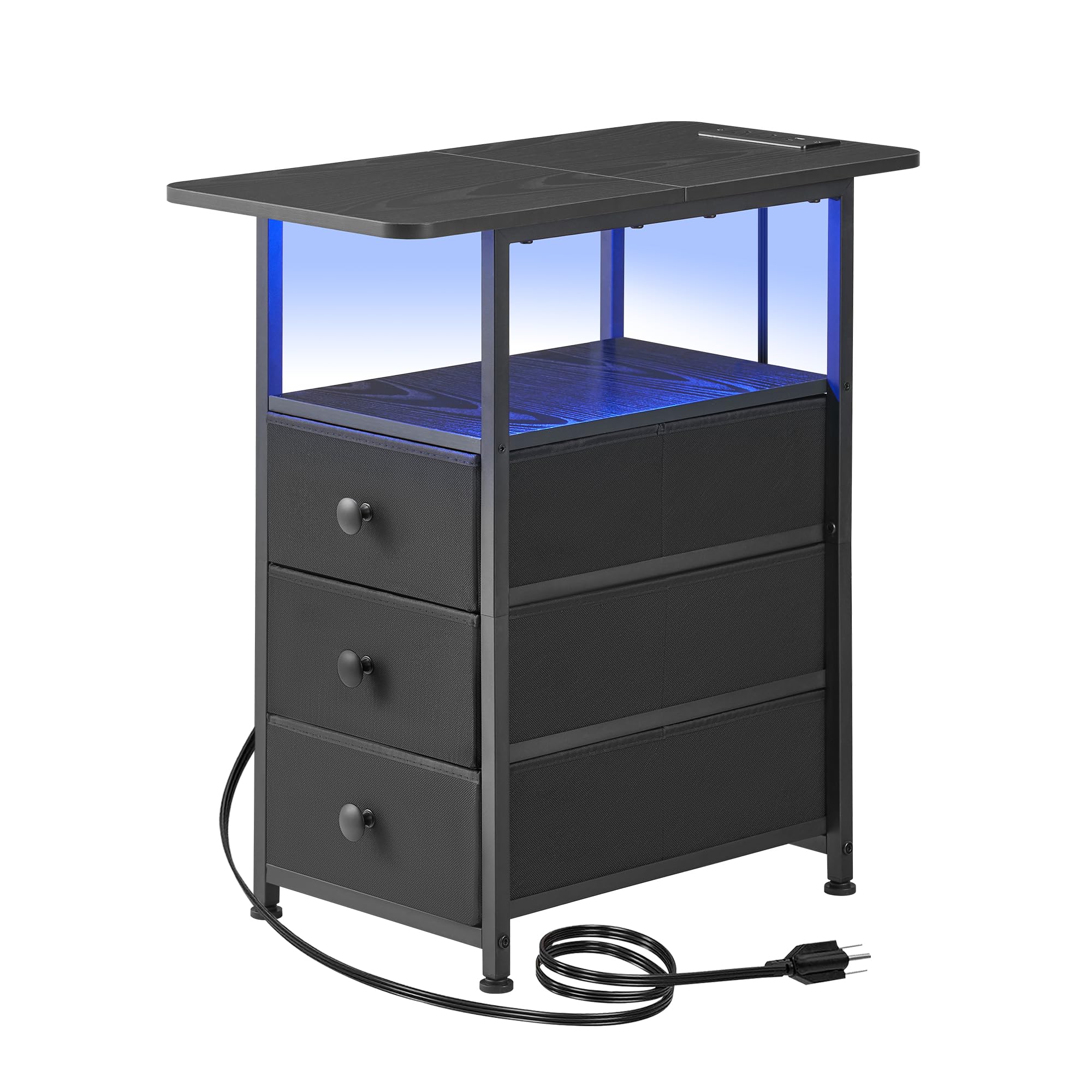 DALEMHOME Narrow End Table with Charging Station, Narrow Side Table with 3 Fabric Drawers, Slim Nightstand with LED Light, Small Bedside Table with