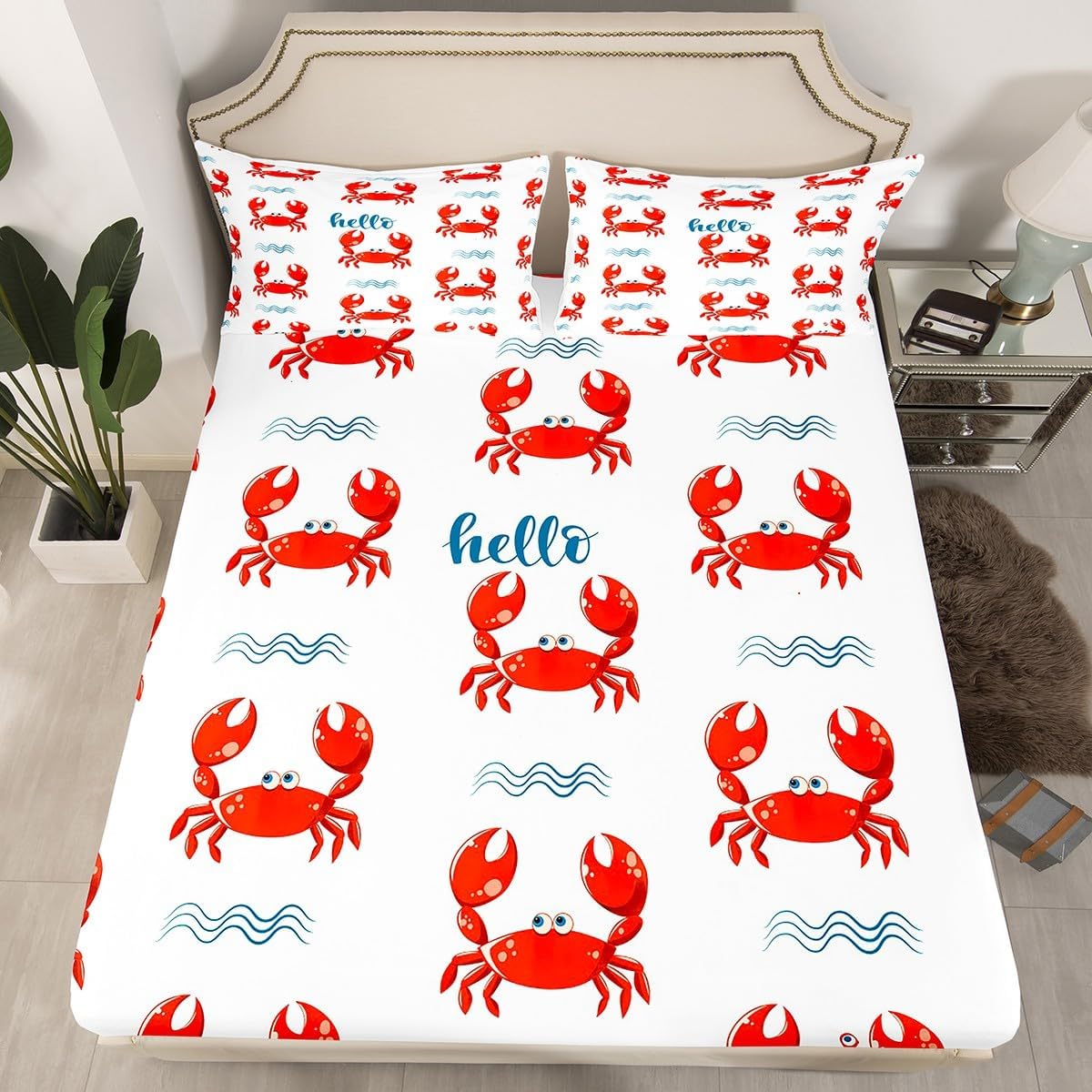 Castle Fairy Cute Crab Sheet Set Kids Boys Girls Wavy Stripes Fitted Sheets Set Full Size Ocean Beach Bedding Sheet Sets Includes 1 Flat Sheet,1 Fitted Sheet,2 Pillowcases