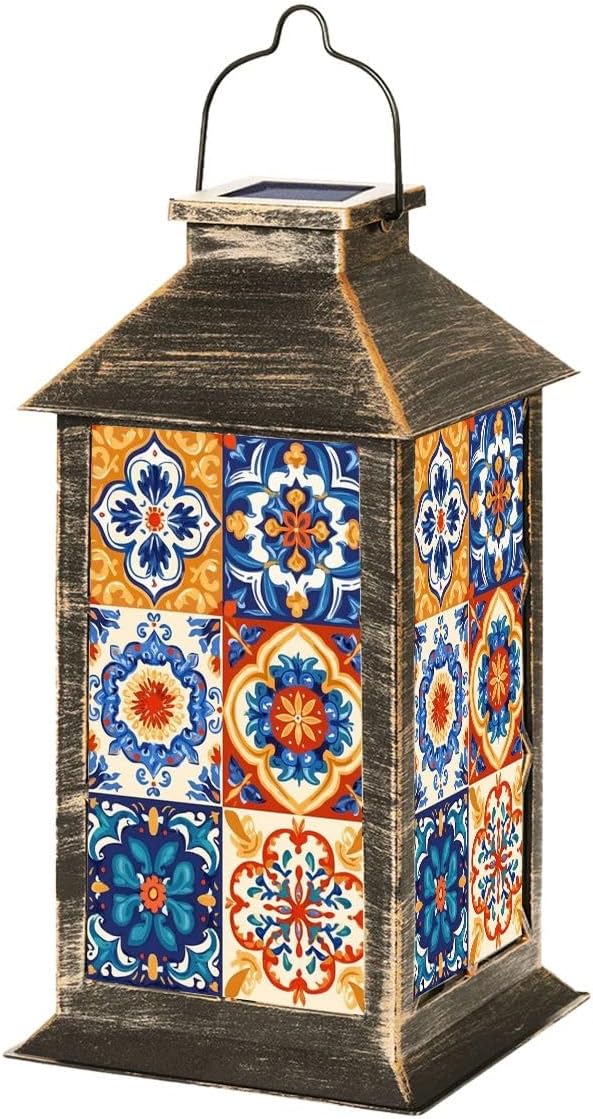 Solar Lanterns Outdoor Waterproof Mexican Talavera Ceramic Tiles Spanish Maiolica Colorful Decorative Hanging Solar Light Outside Lights for Patio Yard House Lawn Decor Birthday Gifts for Women Mom