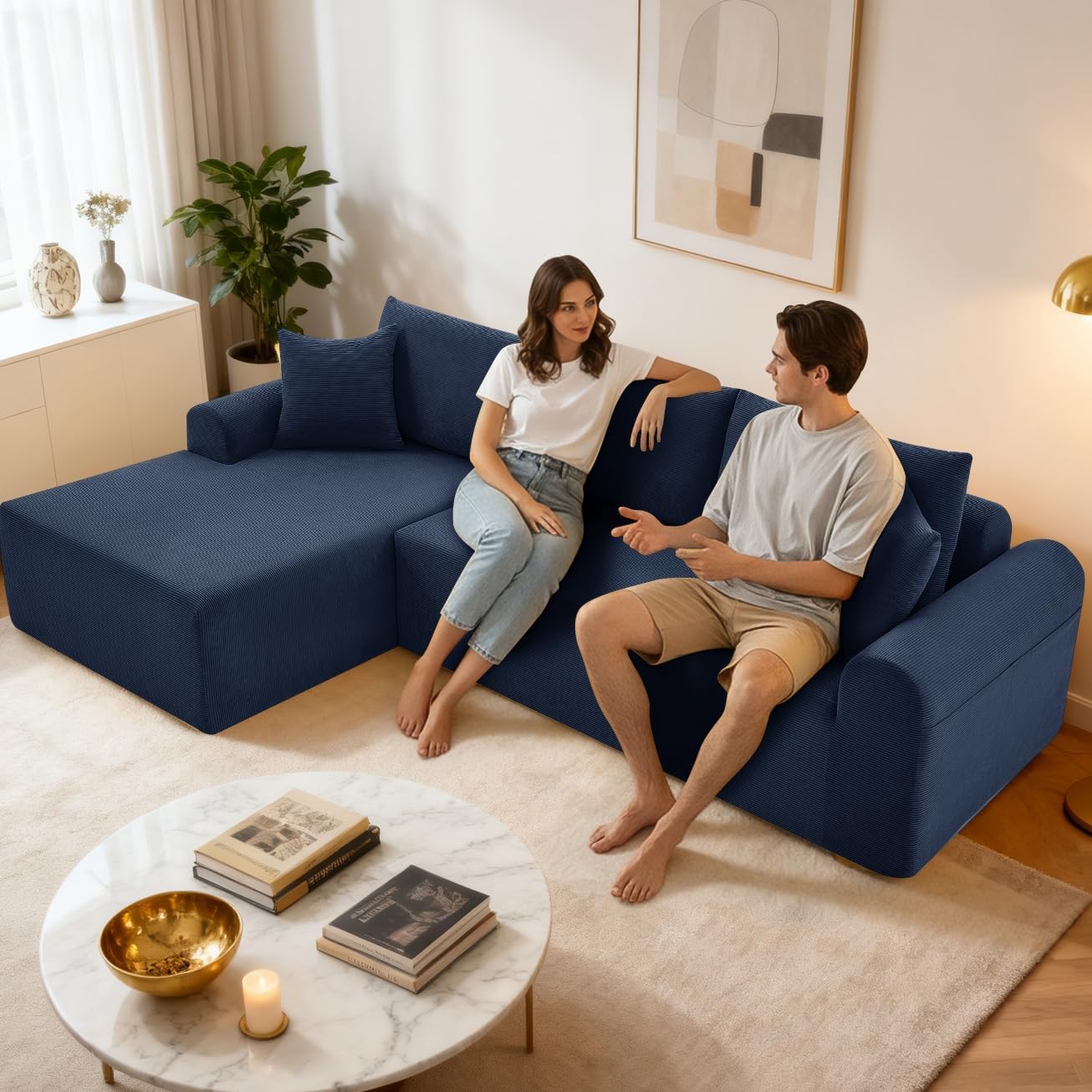 Modular Sectional Sofa with Chaise, Cloud Sectional Couch with Deep Seat, Modular L-Shape Sofa Corduroy Boneless Couch for Living Room,Bedroom,No Assembly Required(Navy Blue, Left Facing Chaise)