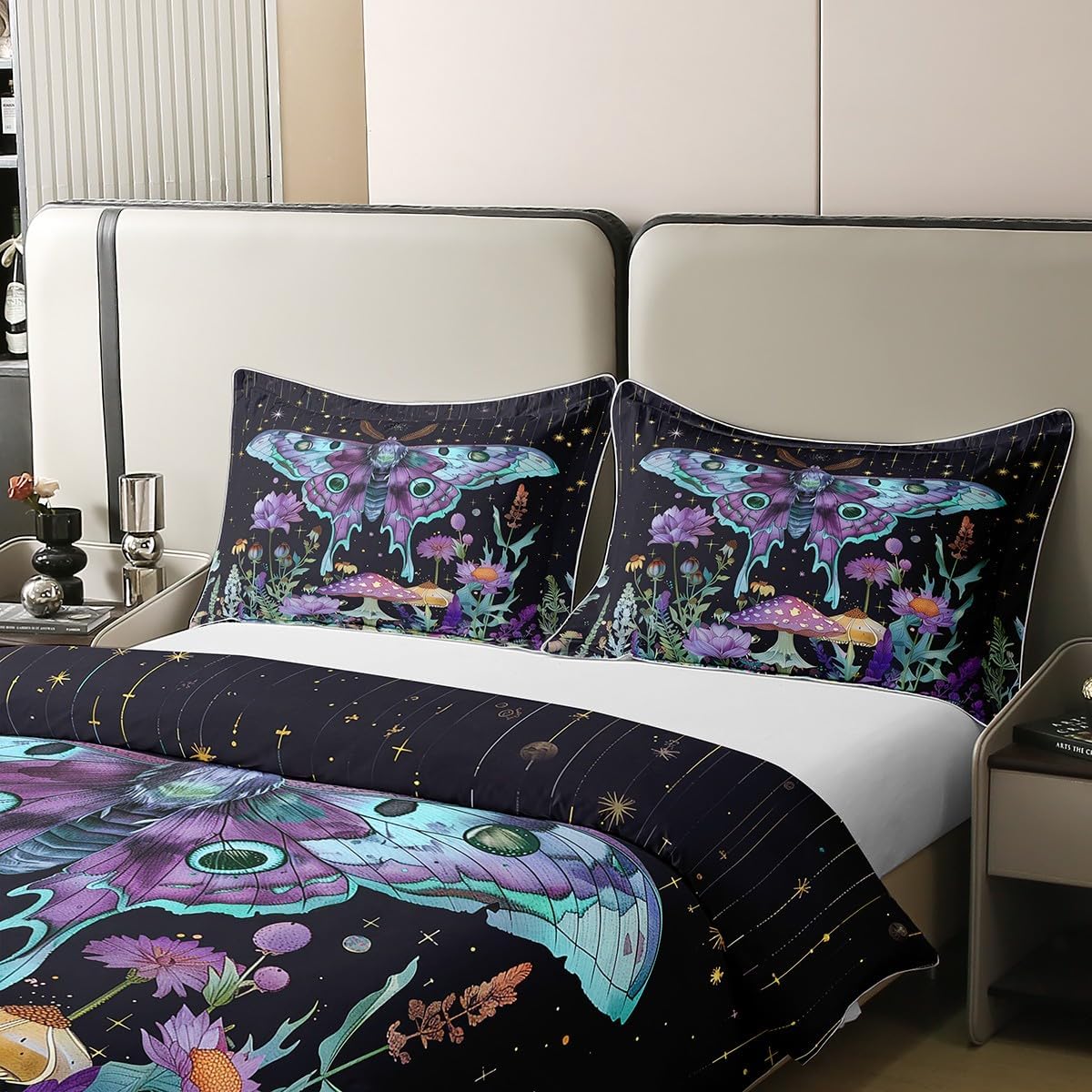 Erosebridal Moth Stars Mushroom 100% Cotton Duvet Cover Queen Size Daisy Lotus Lavender Bedding Set for Kids Boys Girls Mysterious Dreamy Bohemian Comforter Cover Gothic Blue Theme Bedclothes