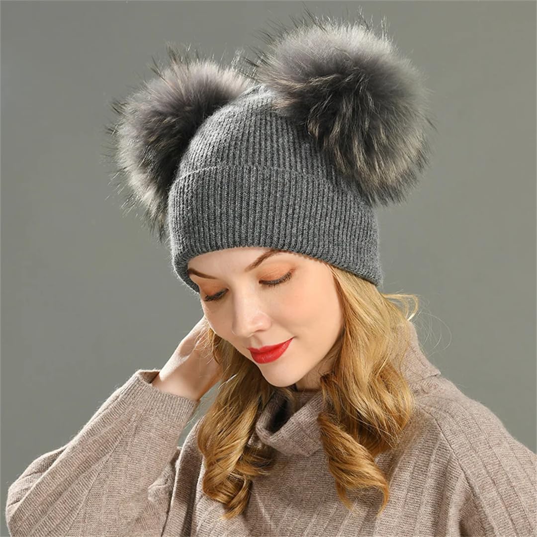 Wvapzxx Gorro Con Pompón De Piel Doble, Gorros De Invierno Para Mujer, Gorros De Lana Tejidos, Gorros, Gorros Para Niñas, Gorro Con Pompón De Dos Pieles