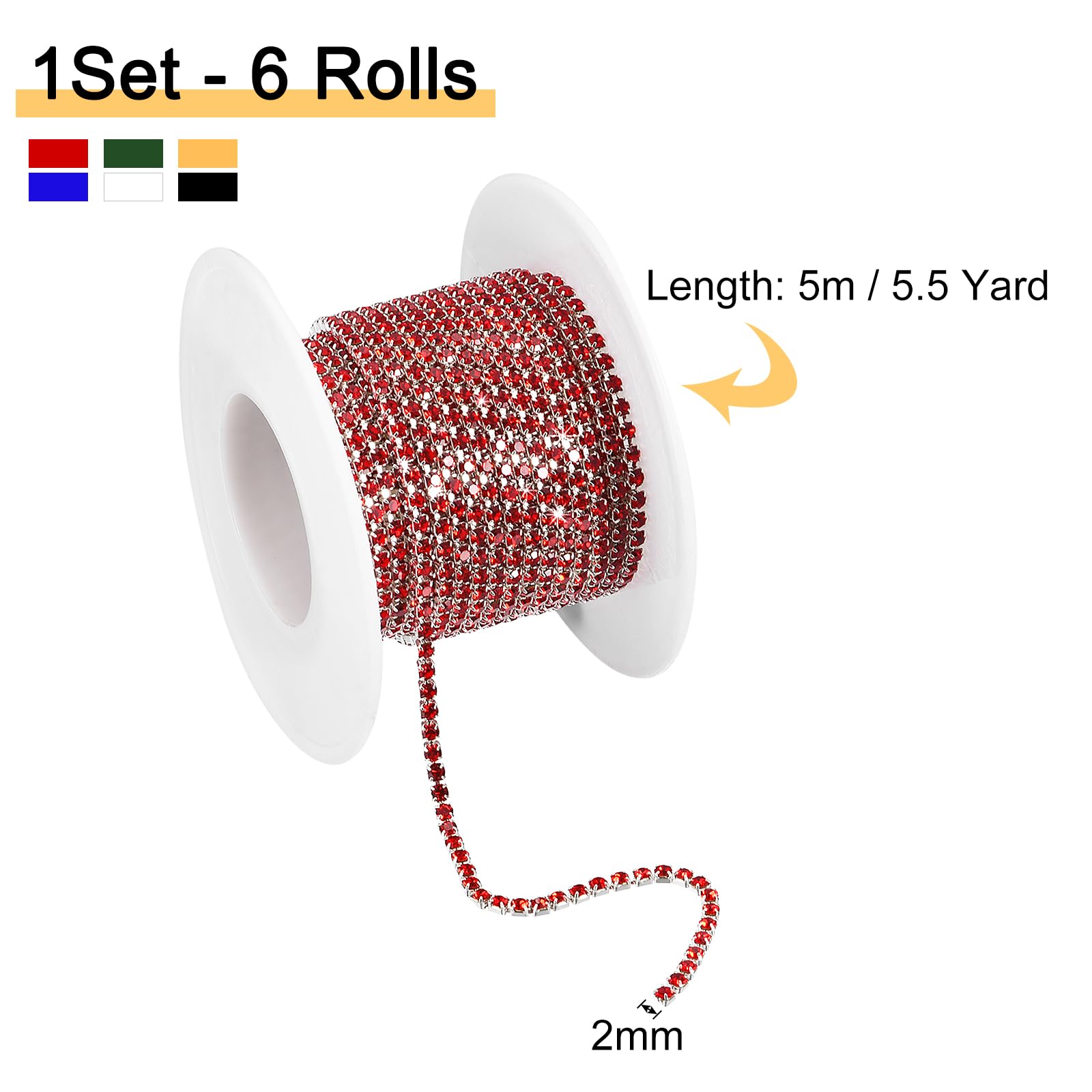 uxcell 6 Roll 33 Yards 2MM Crystal Rhinestone Close Chain Trim, Sew on Crystal Rhinestone Chain Trim for Sewing Crafts Wedding Party DIY Decoration, 6 Colors - Image 2