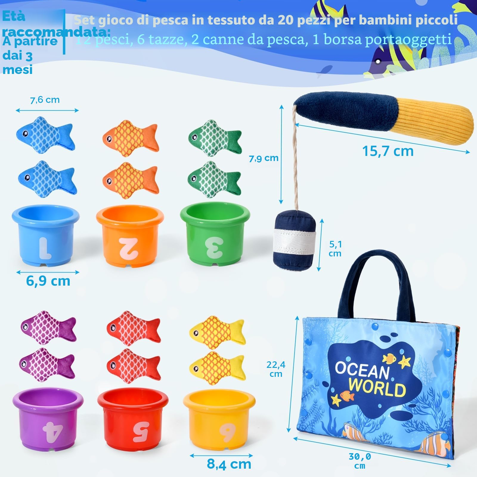 Gioco Montessori Pesca per Bambini 1-3 Anni - 12 Pesci Morbidi con Retino, Giocattolo Educativo per Sviluppo Motricità Fine e Coordinazione, Neonati 12-18 Mesi e Bambini