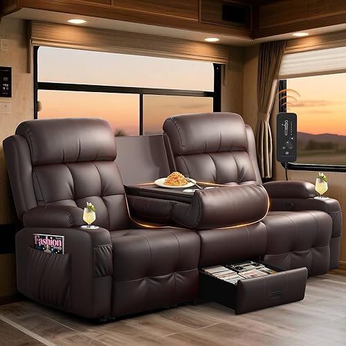 RV Loveseat Recliner Sofa, Oversized Massage Wall Hugger 3-Seater Recliners Couch with Flip Middle Backrest, Drawers & Cup Holder, Reclining Sleeper, 150° Adjustable Recline for RV & Living Room