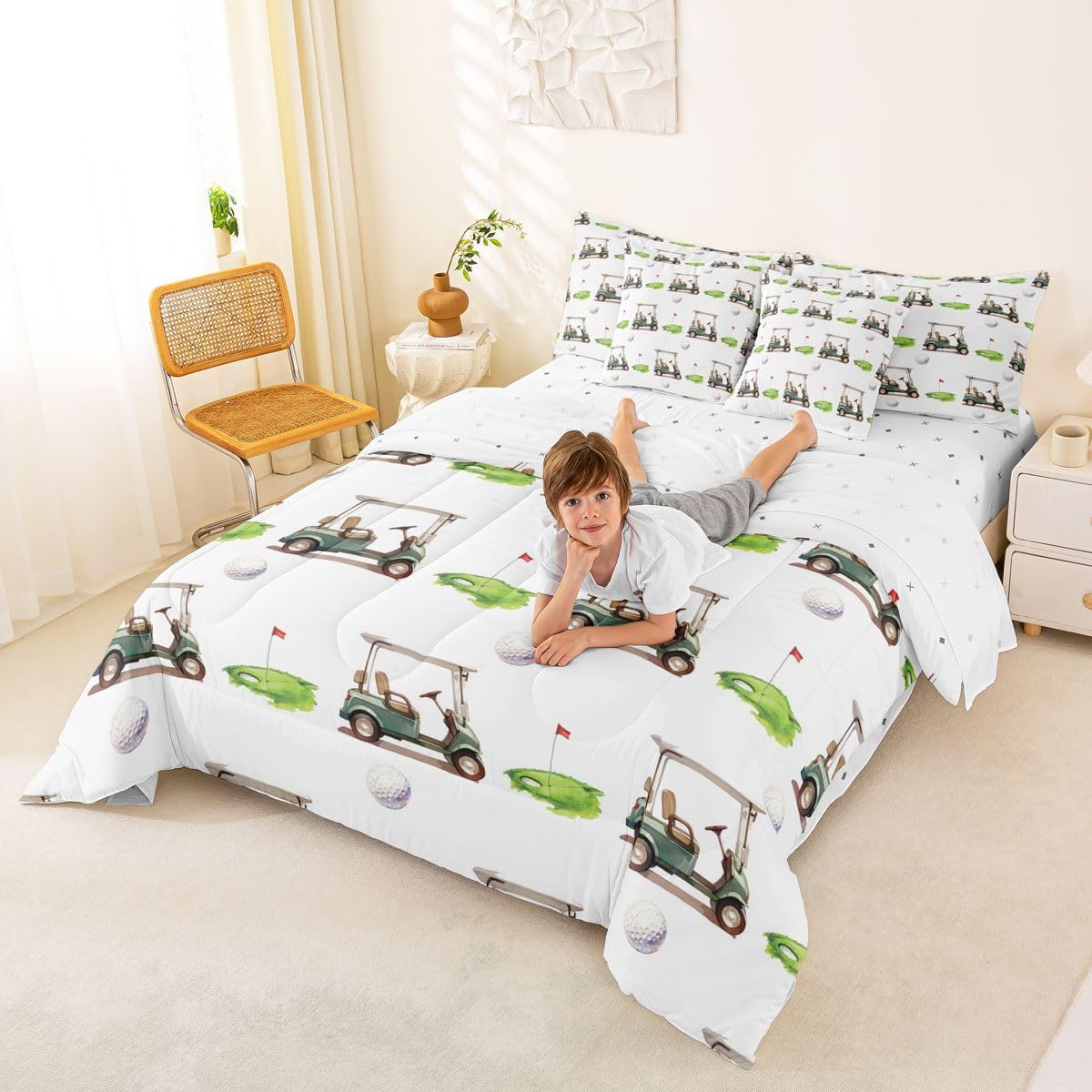 Erosebridal Golf Print 7 Piece Bedding Set Full Carts Comforter Set with Sheets Golf Hole Ball Games Entertainment Bed in a Bag Leisure Ball Games Drak Green for Kids Boys Girls image 3