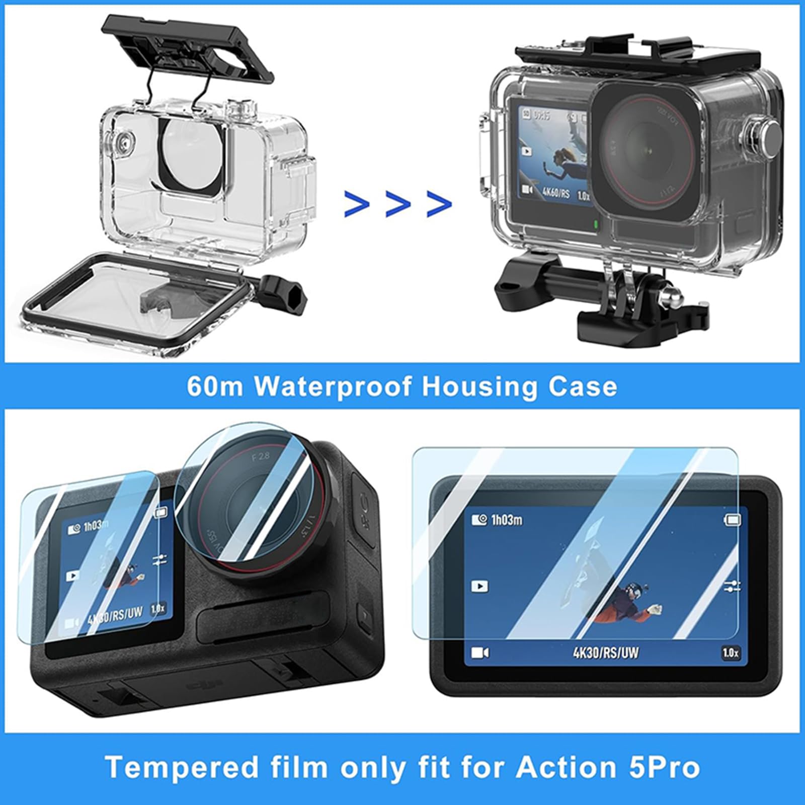 HTU Zestaw akcesoriów 55 w 1, kompatybilny z Osmo Action 5 Pro 4 3, zestaw akcesoriów, torba do noszenia, kijek do selfie, statyw, wodoszczelne etui, 1 zestaw