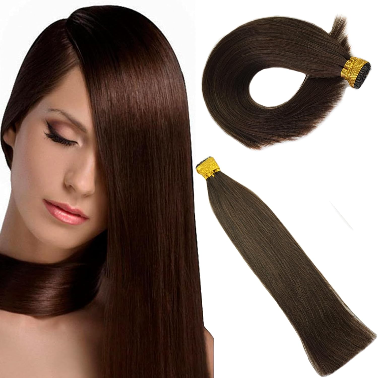 Brown Hair Extensions Keratin I Tip Real Remy Human Hair Pre-bonded Stick I-Tips Double Drawn Thick Hair Straight Dark Brown 18inch 100strands 1g/s