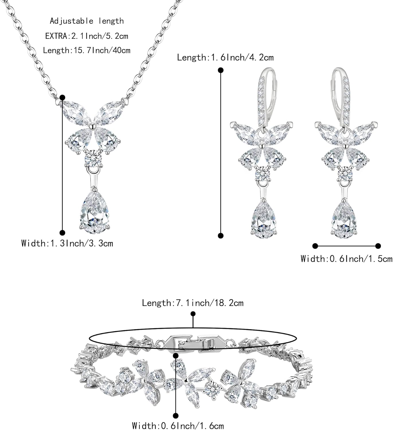 BriLove Wedding Jewelry Set for Women Bracelet Necklace Earrings Cubic Zirconia Bride Butterfly Crystal Teardrop Marquise Cluster Bridal Bridesmaid Party Prom