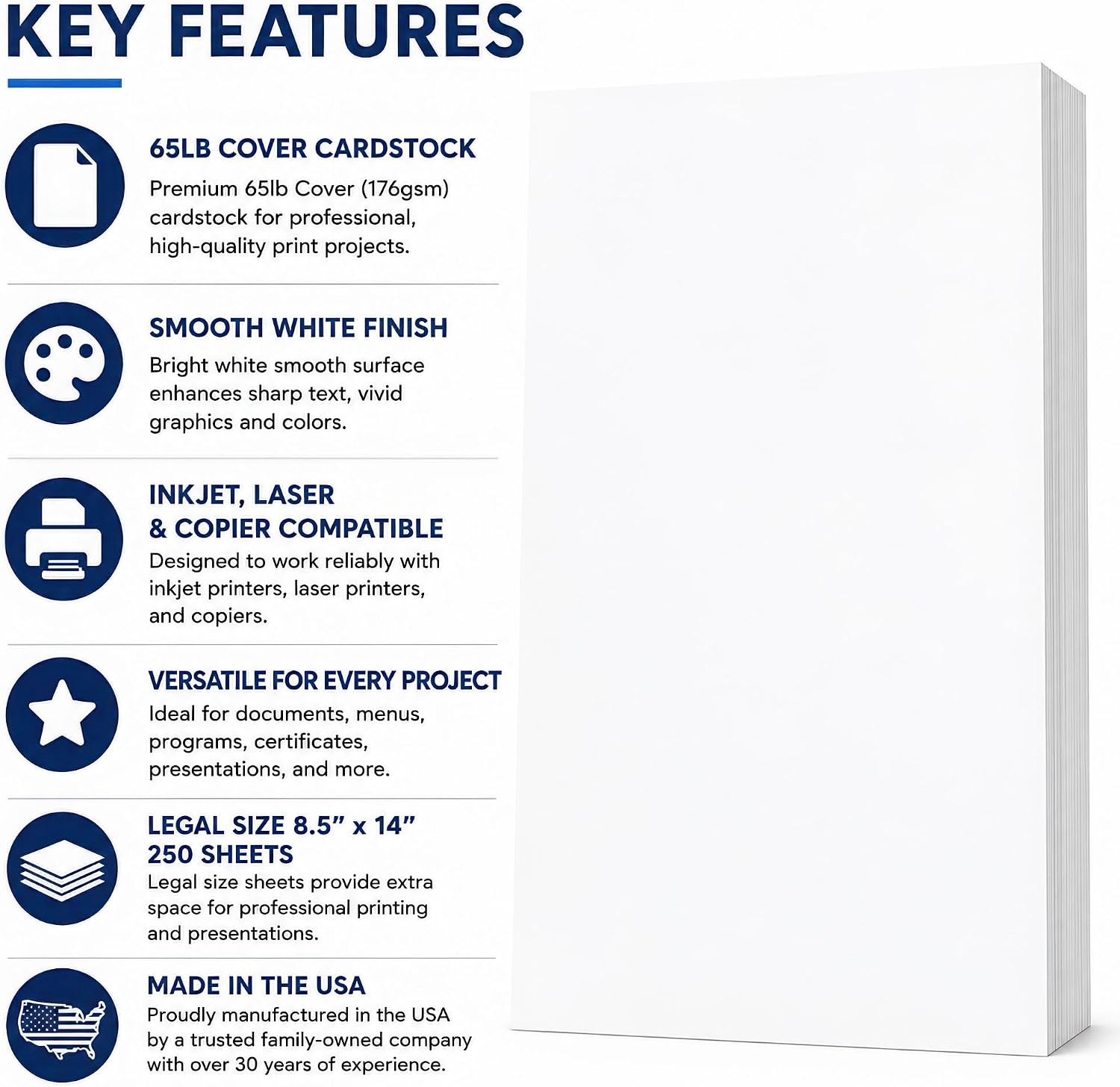 White Legal Sized Cardstock 8.5" x 14" 65lb Cover (176gsm) - 250 Sheets image 3