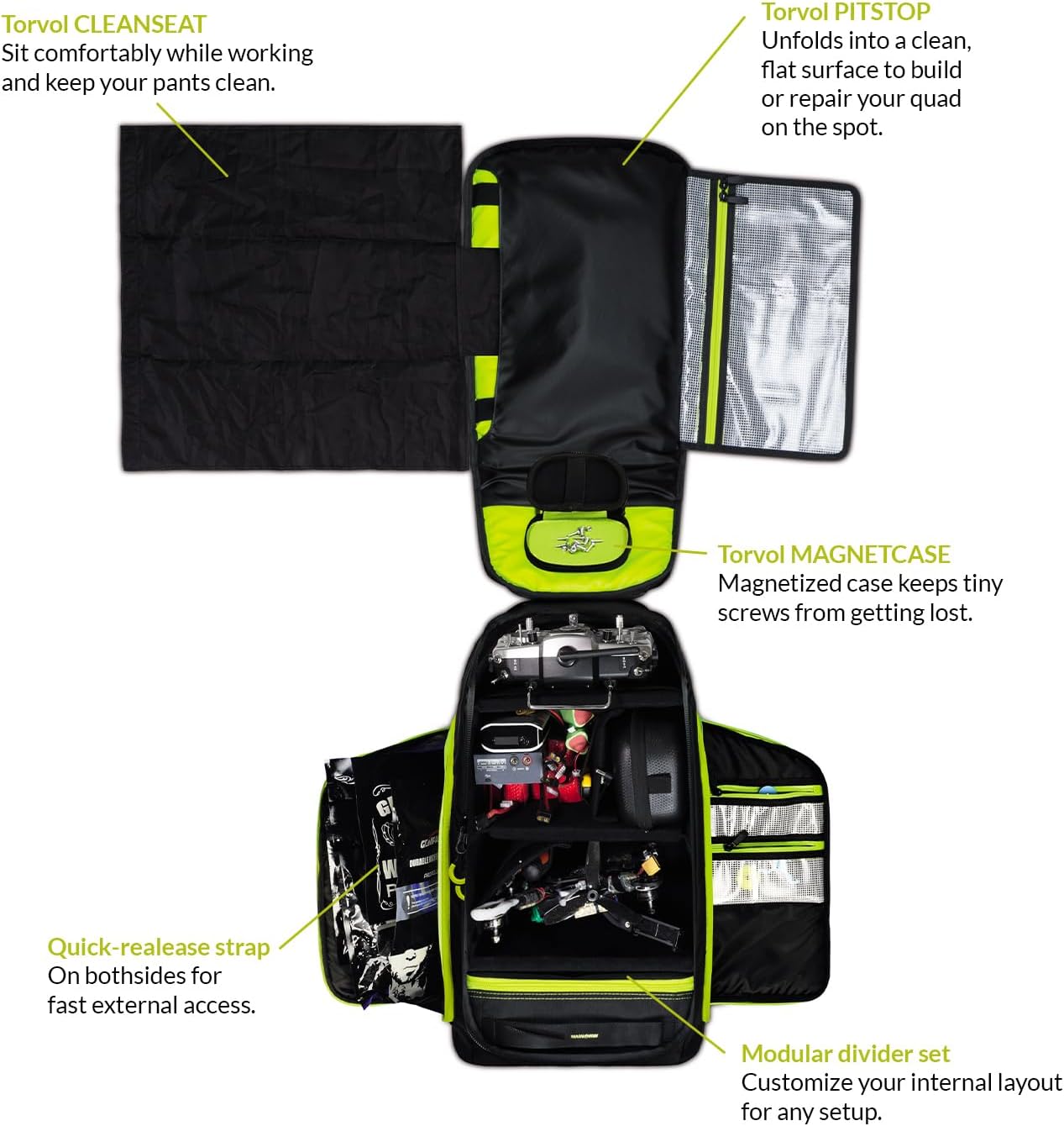 TORVOL - Quad PITSTOP Backpack Pro V2 – FPV Drone Backpack for 4 Quads + Gear, Compatible with DJI Mini 3, DJI Mini 4 Pro, Avata, Mavic, Goggles, Laptop, Black & Green, With Rain Cover, 30L