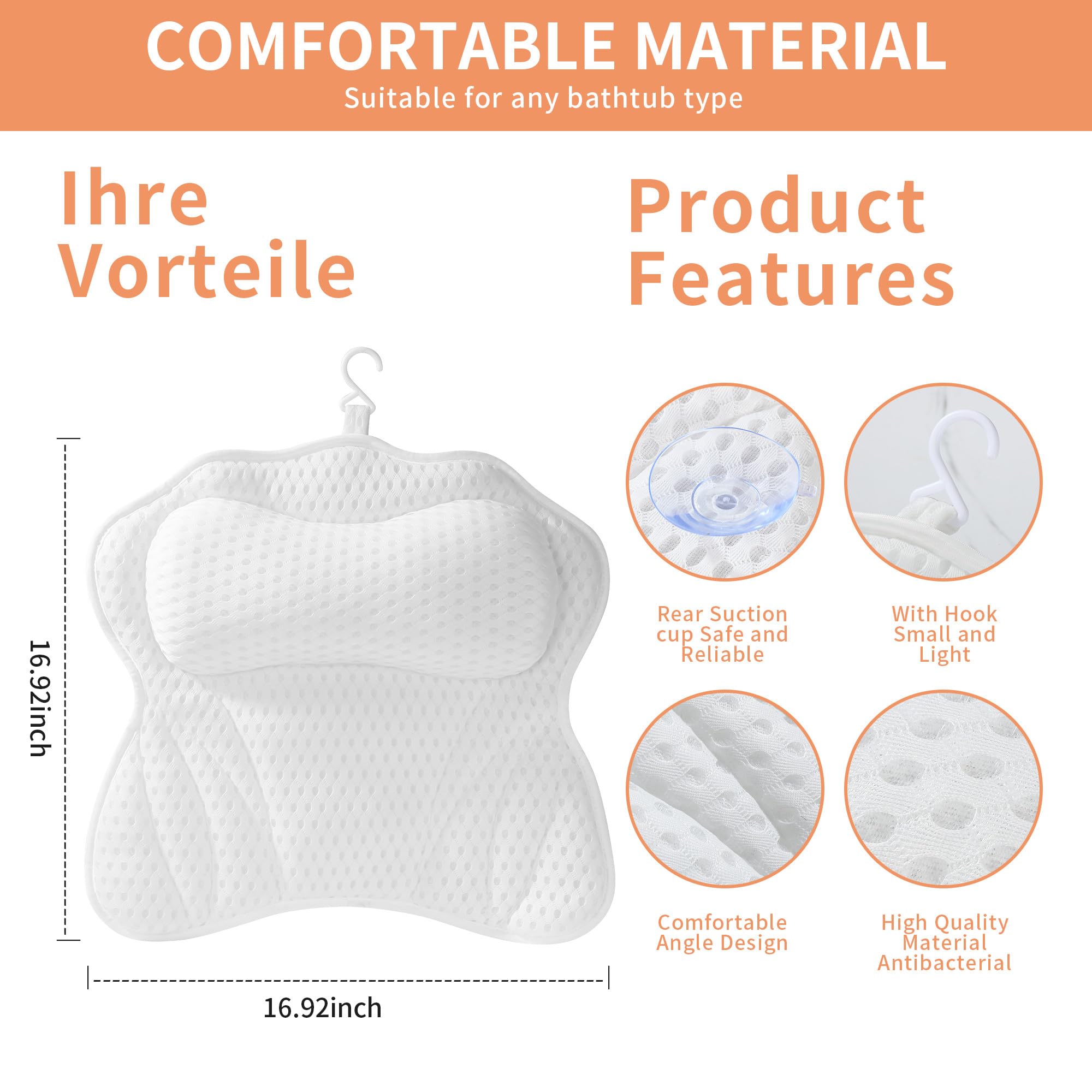 Coussin Baignoire, Coussin de Baignoire,Coussin Baignoire Adulte avec technologie 4D air mesh et avec 6 ventouses antidérapantes, soutient la tête, le cou, le dos, convient à toutes les baignoires (Bl