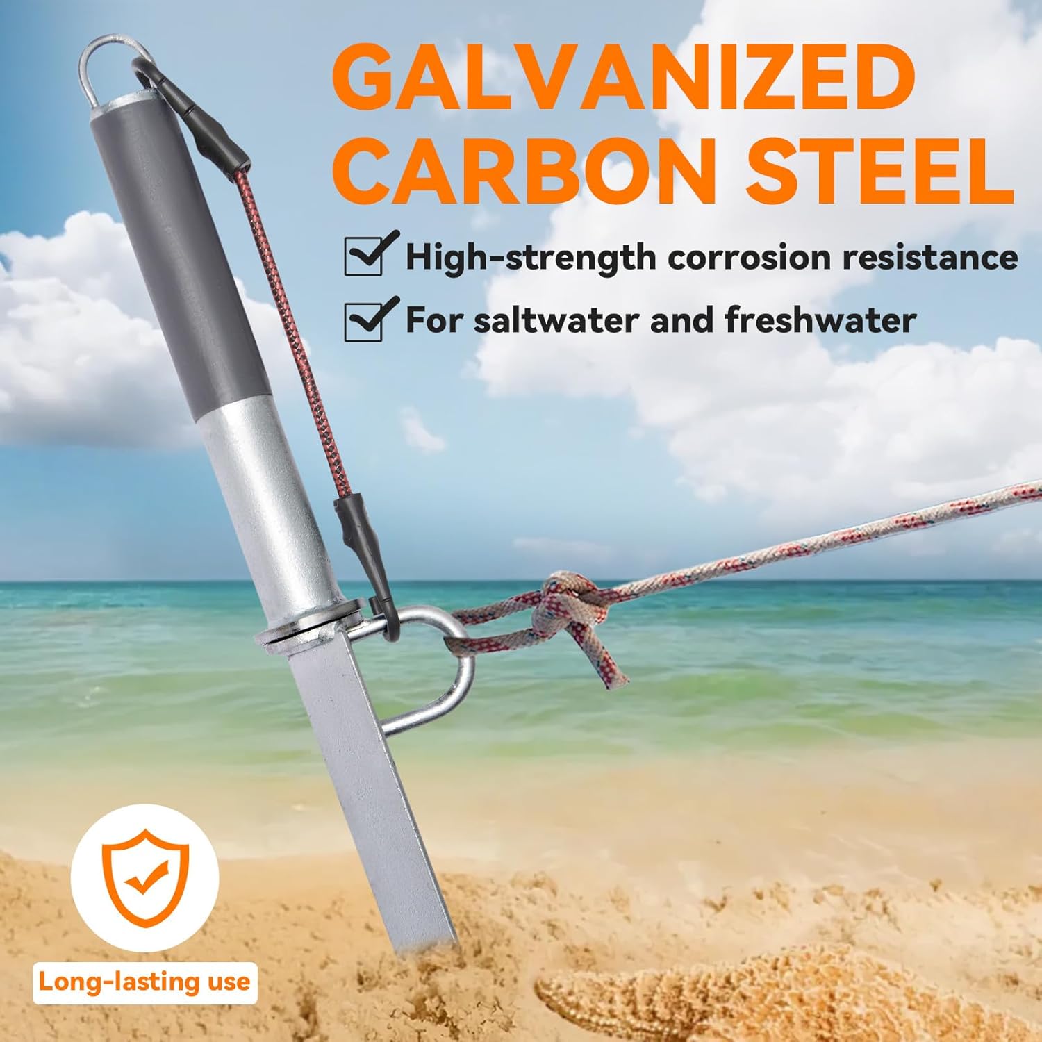 Sand Spike Beach Anchor for Boats — 8 lb Self-Hammering Galvanized Steel, Sandbar & Shallow Water Anchor for Jet Ski Pontoon Kayak PWC up to 30ft, Canvas Bag