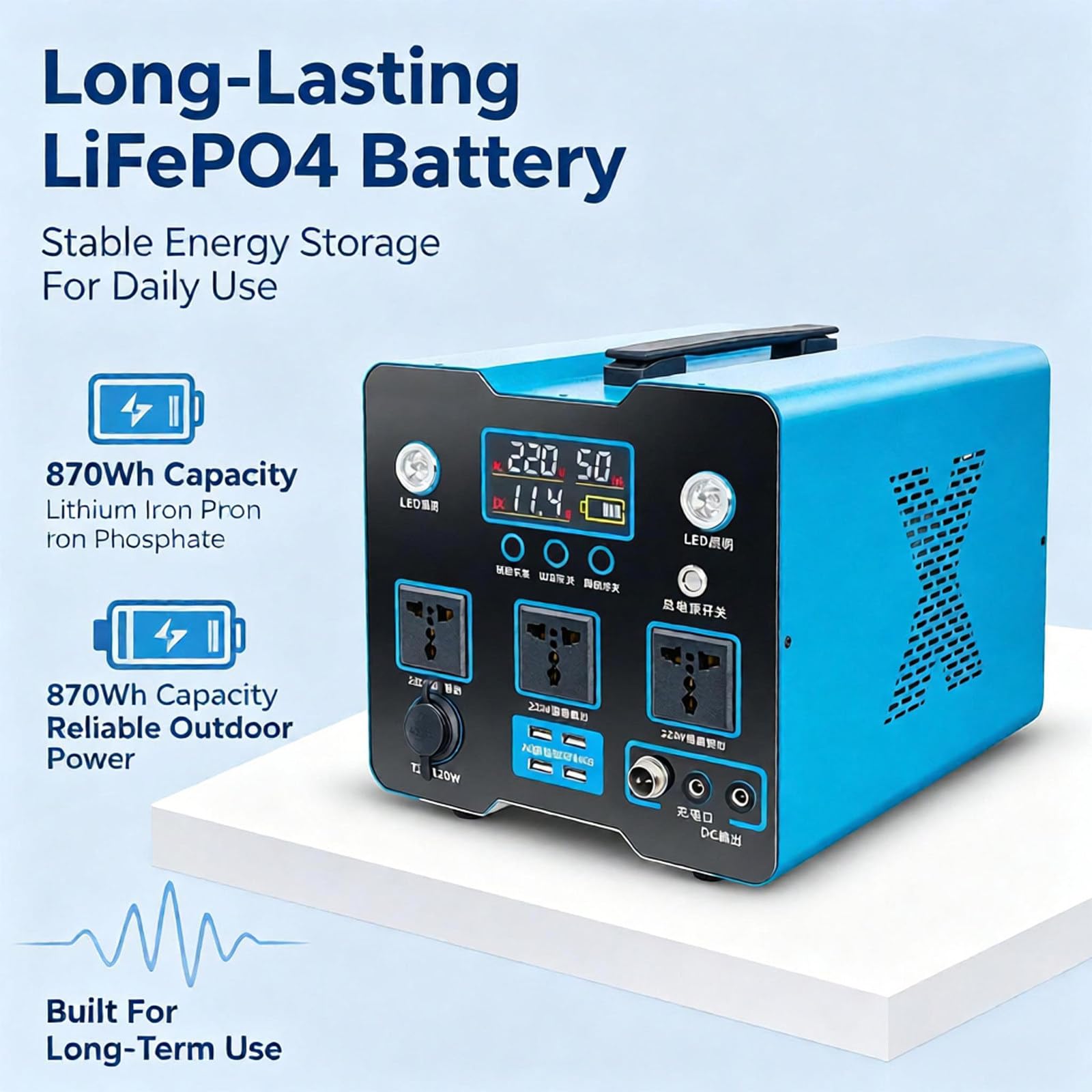 Generatore Senza Carburante 220V 1000W LFP, Schermo LCD Tensione Batteria 1000w | Corpo metallico con maniglia integrata e fessure di dissipazione, ottima ventilazione e trasporto semplice per viaggi.
