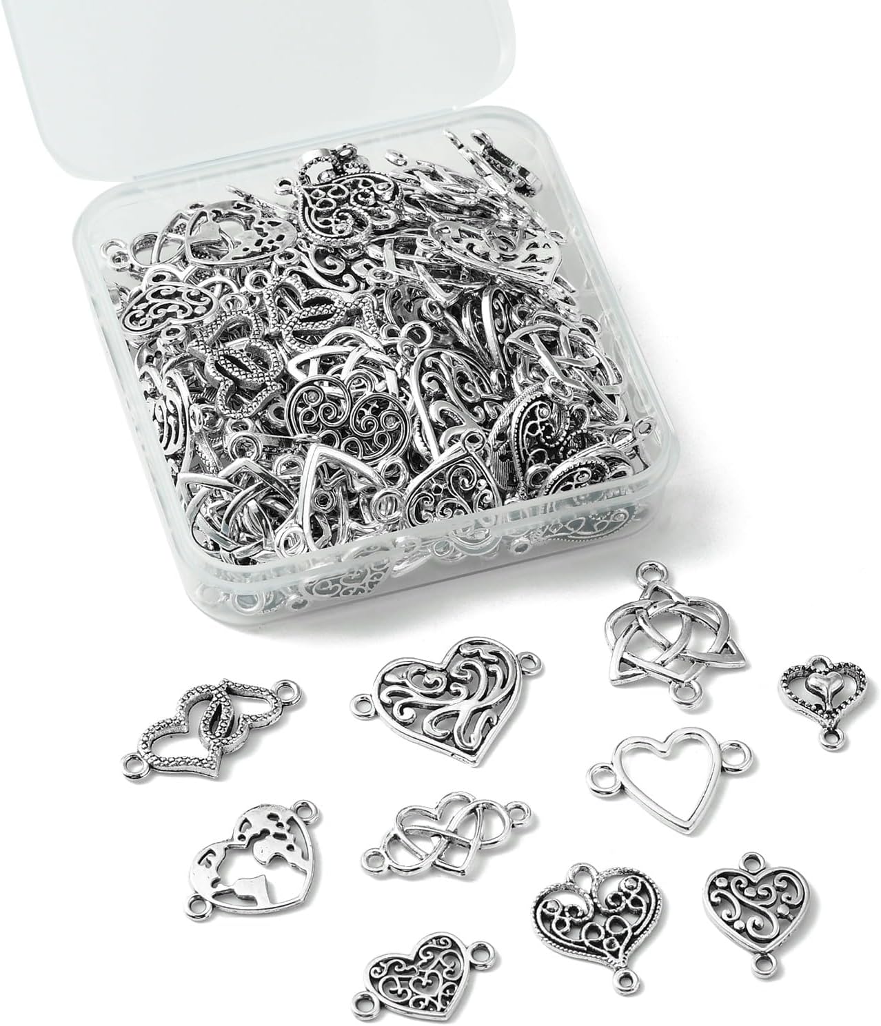UR URLIFEHALL 100 Pcs Antique Silver Filigree Heart Charm Links Tibetan Double Loops Love Heart Connector Charms for DIY Jewelry Making Findings - Image 7