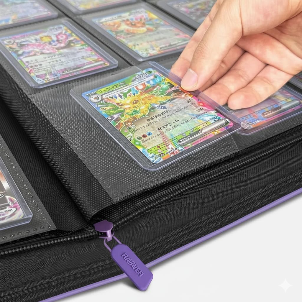 Toploader Binder, Oversized 9 Pocket 252 Top loaders Holder with Customizable Label Slot and Side-Loading Sleeves for Trading Cards in 3" x 4" Toploader (Purple)