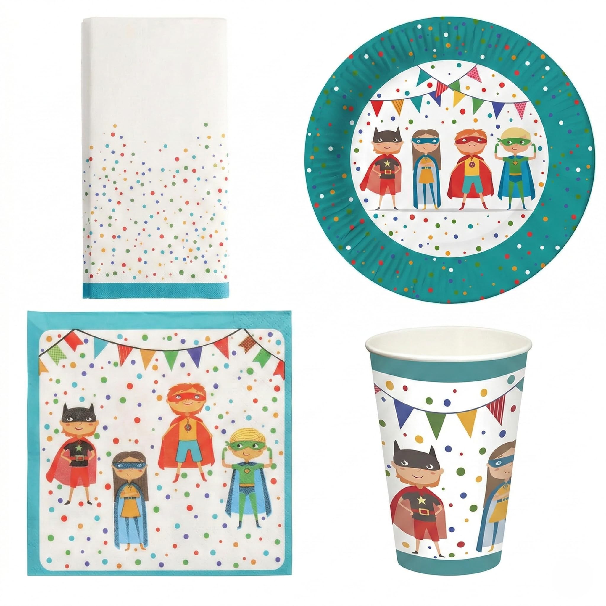 Vaisselle anniversaire super-héros nappe et assiettes anti-gaspillage