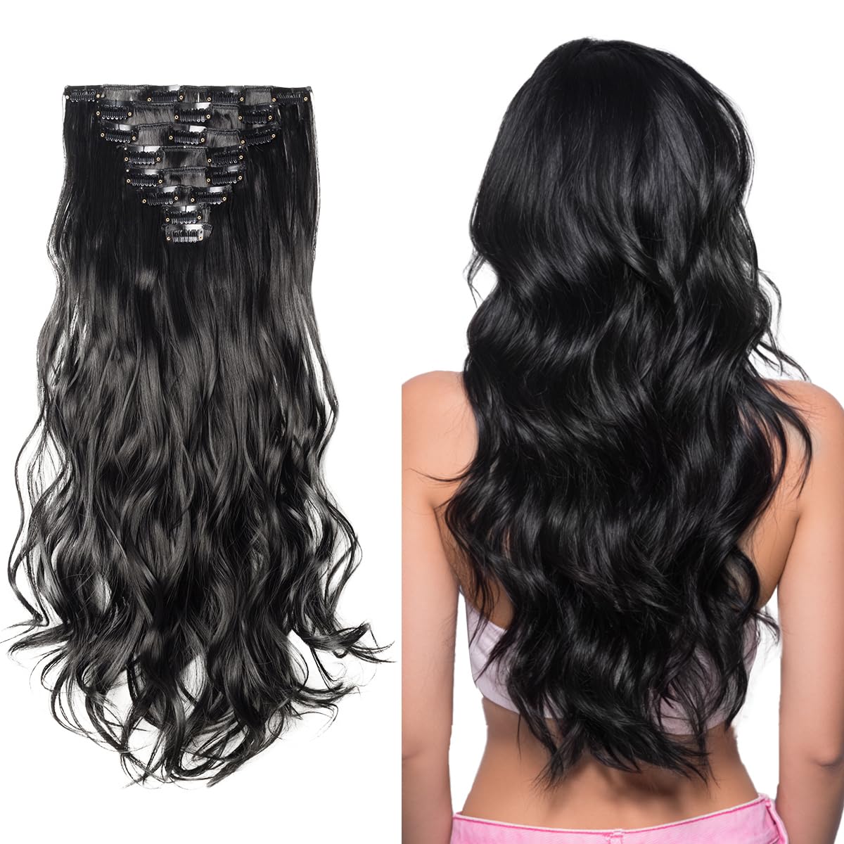 SEGO Pro Clip in Hair Extensions 8 Pcs 18 Clips Full Head Synthetic Fiber Hair Pieces for Women Curly 24 Inch (Dark Black)