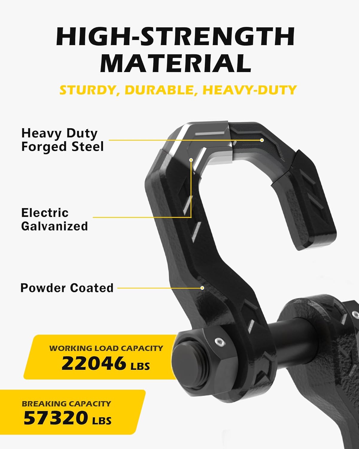 D-Ring Separate Shackles, 2Pack, 3/4" D-Ring Shackles 7/8" Pin, 57320lbs Breaking Strength, Heavy Duty Forged Steel, D-Ring Towing Winch Shackle for Recovery, Off-Road, BlackBlack - Image 3