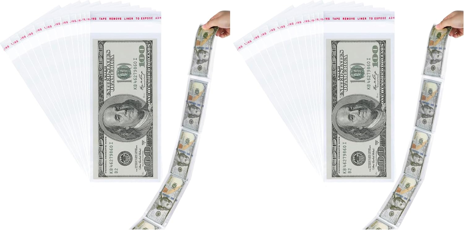 200Pcs Cake Money Box Transparent Bag Clear Paper Money Currency Sleeves Self Sealing Cellophane Money Bags (Pack of 2)
