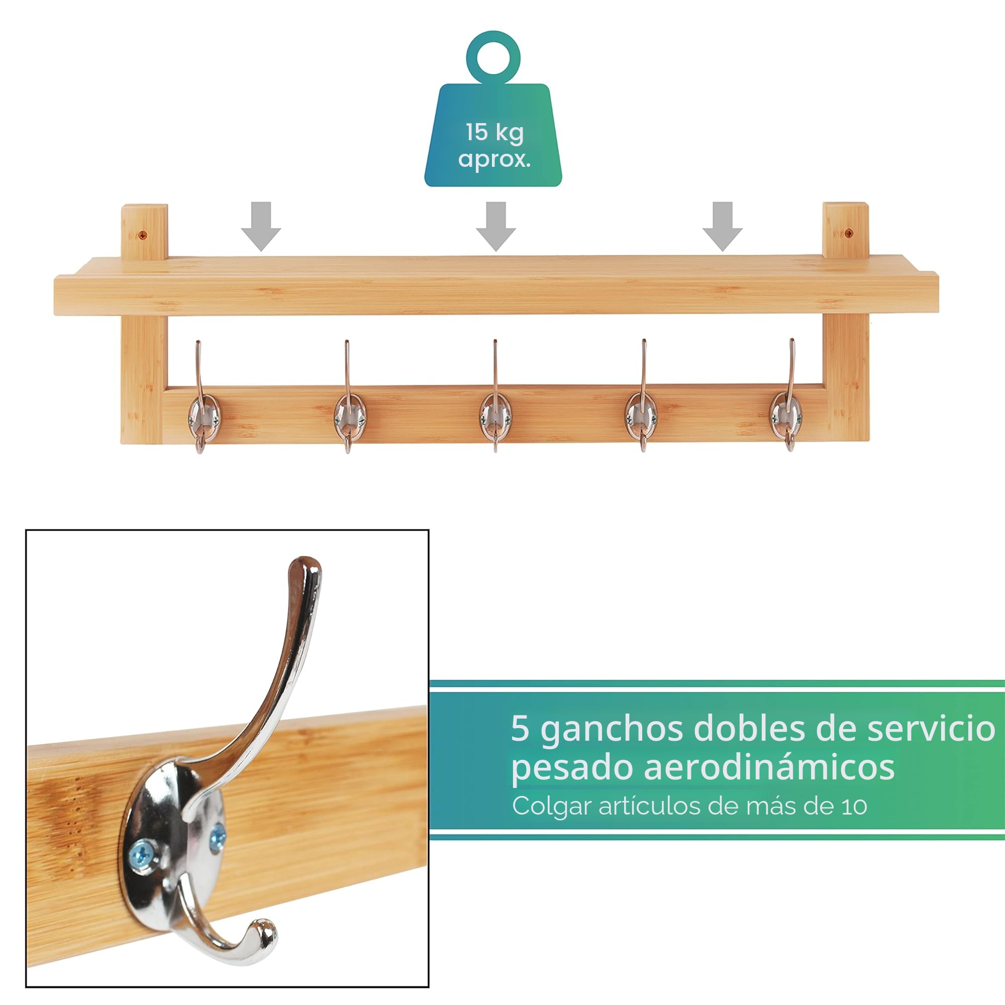 SMIBUY Percheros con Estante de Pared, Perchero de Entrada de 74 cm para Pared, Estante Colgante de Bambú con 5 Ganchos Dobles de Metal para Baño, Dormitorio, Cocina, Sala de Estar, Mueble (Natural)
