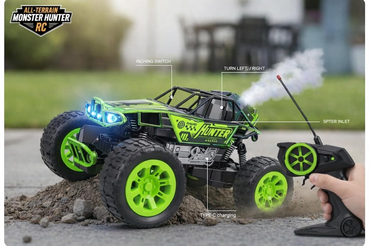 PB Prime Brands Rechargeable Remote Control Rock Crawler Car with Smoke Effect, 2.4GHz RC Off-Road Truck, 60FT Control Range, USB Type-C Charging 2WD (Green) 1