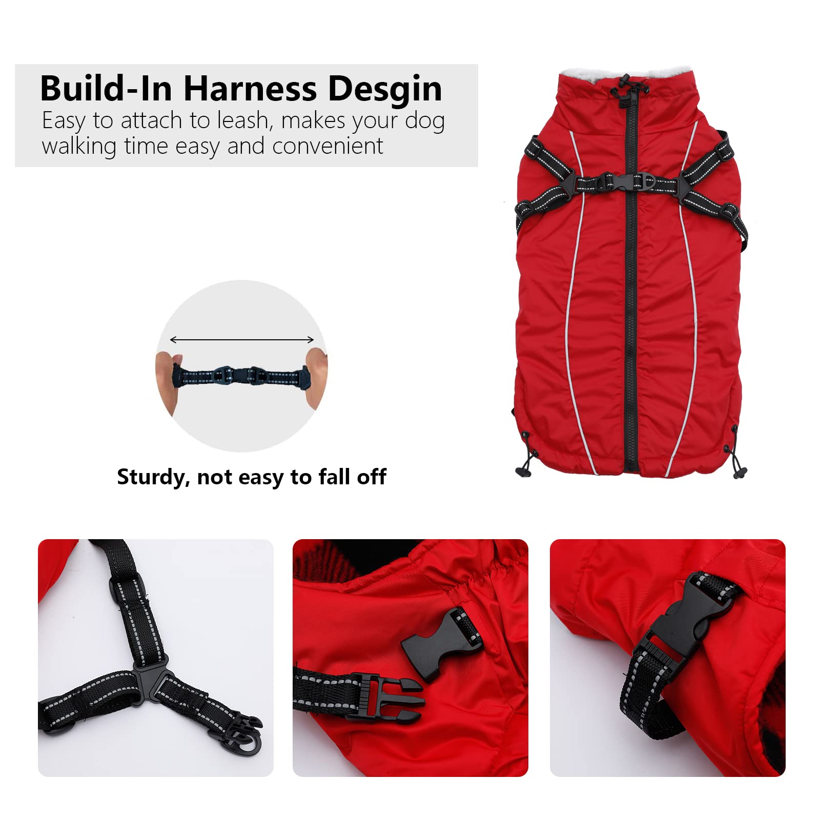 Geyecete Winter Warm Coat with Super inner fleece Dog Jacket Windproof snowproof with Buckle and D-Ring with hood,Pet outdoor jacket-Red-XS - Image 3