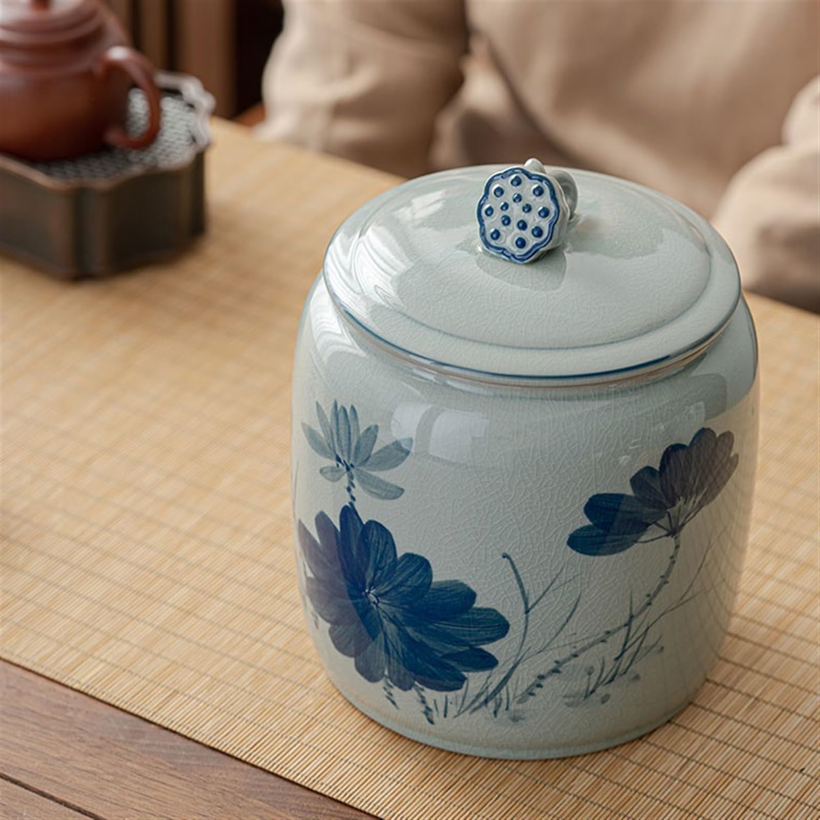pojemniki na herbatę, kawę i cukier Ceramiczny słoik do przechowywania herbaty, ręcznie malowany, zapieczętowany z lotosem