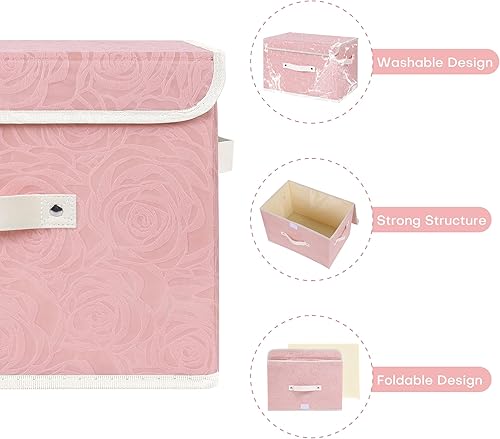Miniatura 2 de ANMINY Contenedor de almacenamiento de tela con tapa, caja de almacenamiento con estampado de rosas con asas de piel sintética, lavable, tablero de