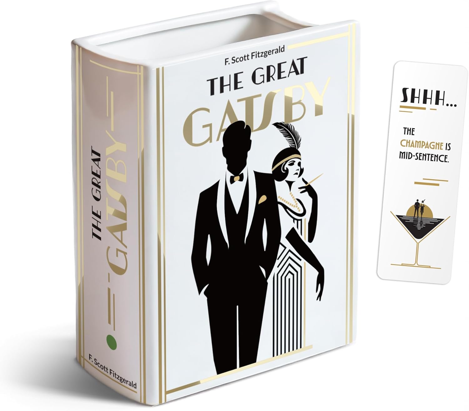 Hazel & Harold's H&H The Great Gatsby Book Vase for Flowers + Bookmark + Gold - Medium Ceramic Planter Pot - Bookish Great Gatsby Decor - Book Lover Gifts - Art Deco - Roaring 20s decor