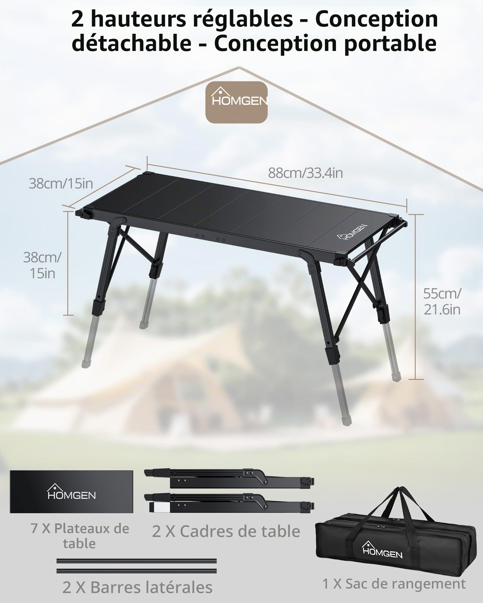 HOMGEN IGT Table de pique-nique pliable en aluminium Table de camping pliable Hauteur réglable 38-55 cm Pliable Compact modulaire Table de cuisine d'extérieur légère et robuste avec structure latérale