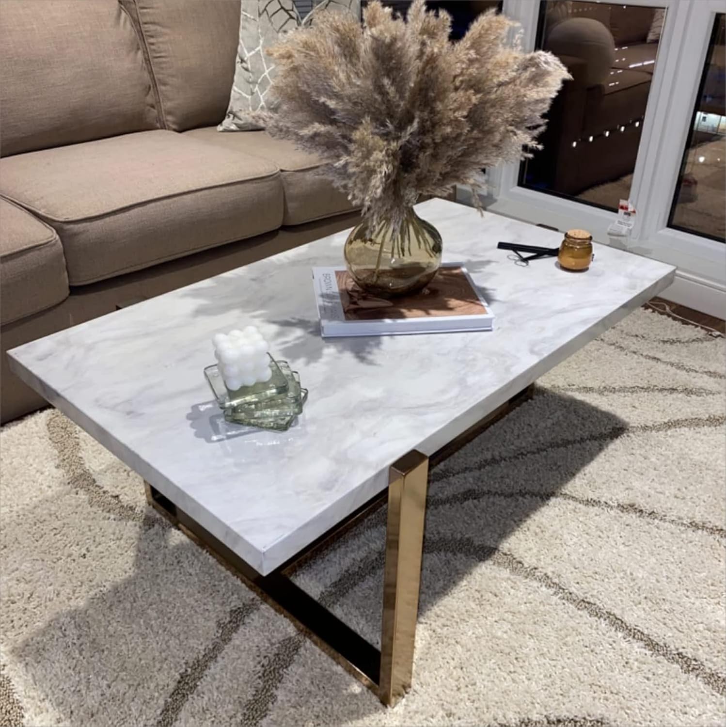KEVINSPACE 43'' Coffee Table Mid-Century Rectangular Coffee Table with Gold-Finished Metal Frame Modern Design, Cocktail Table for Living Room and Bedroom Champagne