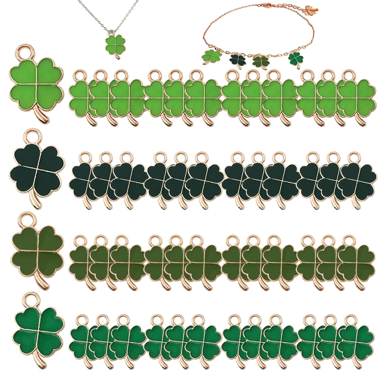 Pack of 52 Lucky Charms Four Leaf Metal Necklaces Accessories, Green DIY Jewellery Pendant for Bracelet, Making Accessories, Gift, Key Chain, Ornaments