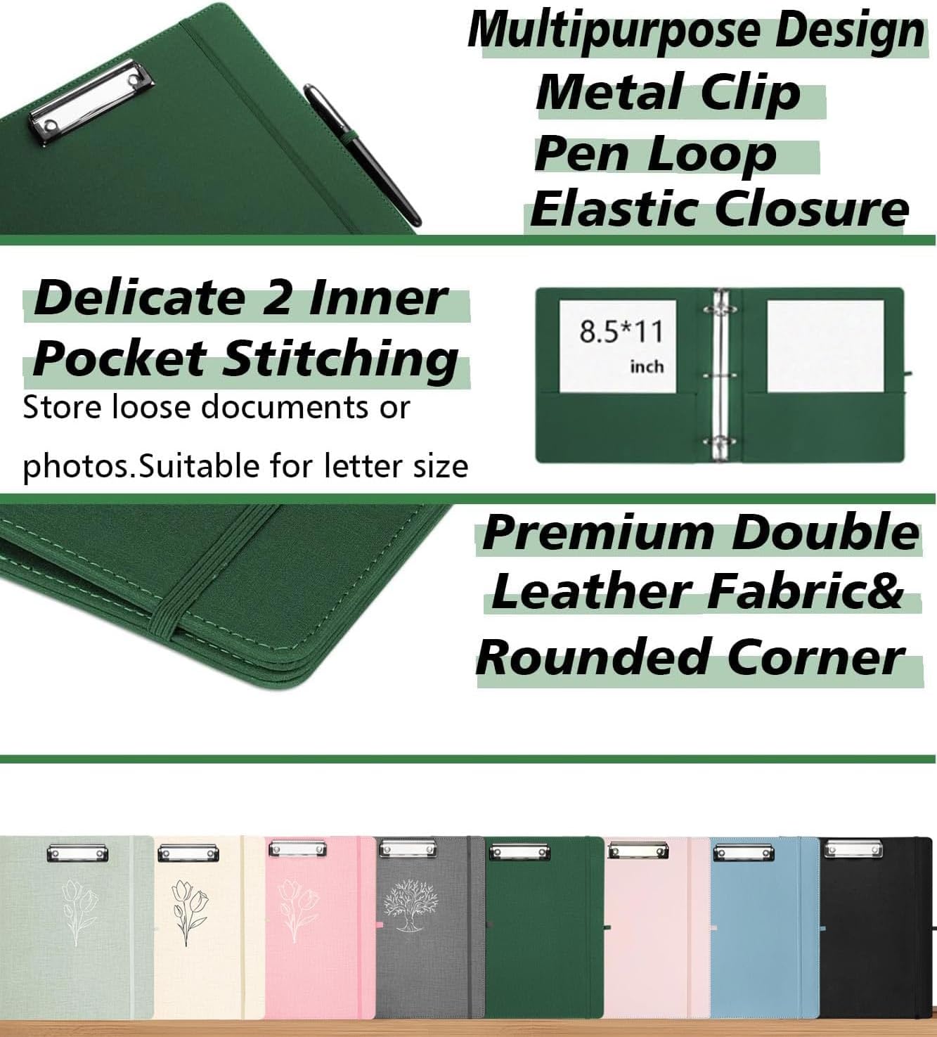 3 Ring Binder 2 Inch, BVSSX Three Ring Binders Organizer with Clipboard, Plastic Folder, 5-Tabs Pocket Dividers with Sticker Labels, Pen Loop, Elastic Strap (Green, Letter Size)