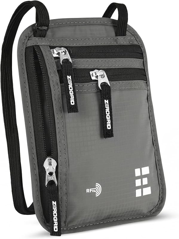 Cartera de Cuello de Viaje RFID, Soporte de Pasaporte Grande, Gris Claro