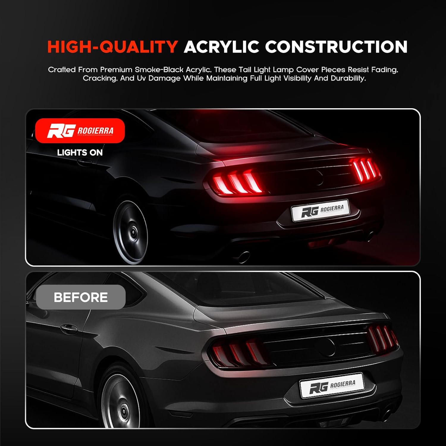 Tail Light Lamp Cover Guard Trim Frame Bezels Decoration for Ford Mustang 2018-2023 (GT/EcoBoost) – 6PCs Smoke Black PC Resin Taillight Protector