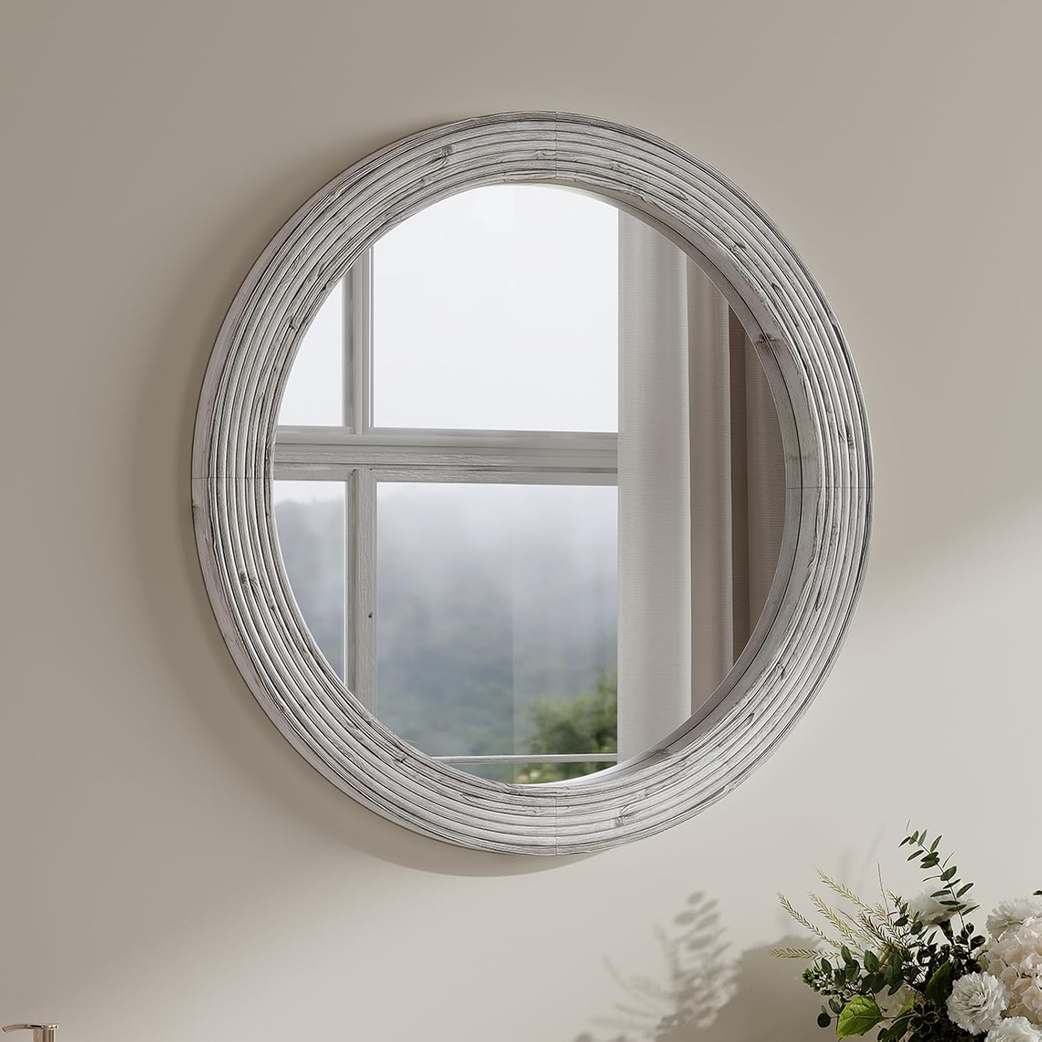 ULIKE Round Rustic Mirror for Bathroom, Farmhouse Mirror with Wood Frame, 24x24 Inch White Vanity Mirrors for Wall Decor of Bedroom or Living Room