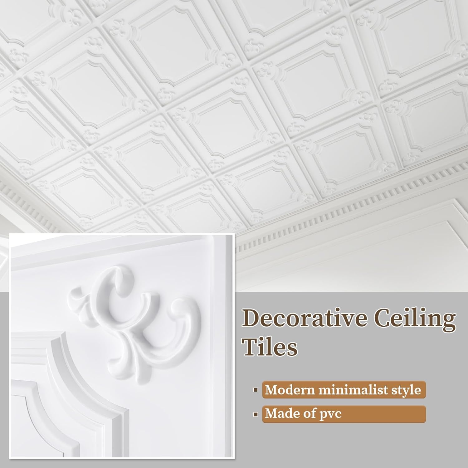 24 PCS White Ceiling Tiles 24x24 Inch, French Style 3D Decorative Ceiling Panels 2x2Ft PVC Waterproof Washable Plastic Material Ideal for Living Room Bedroom Bathroom Garage Cover 96 Sq.Ft