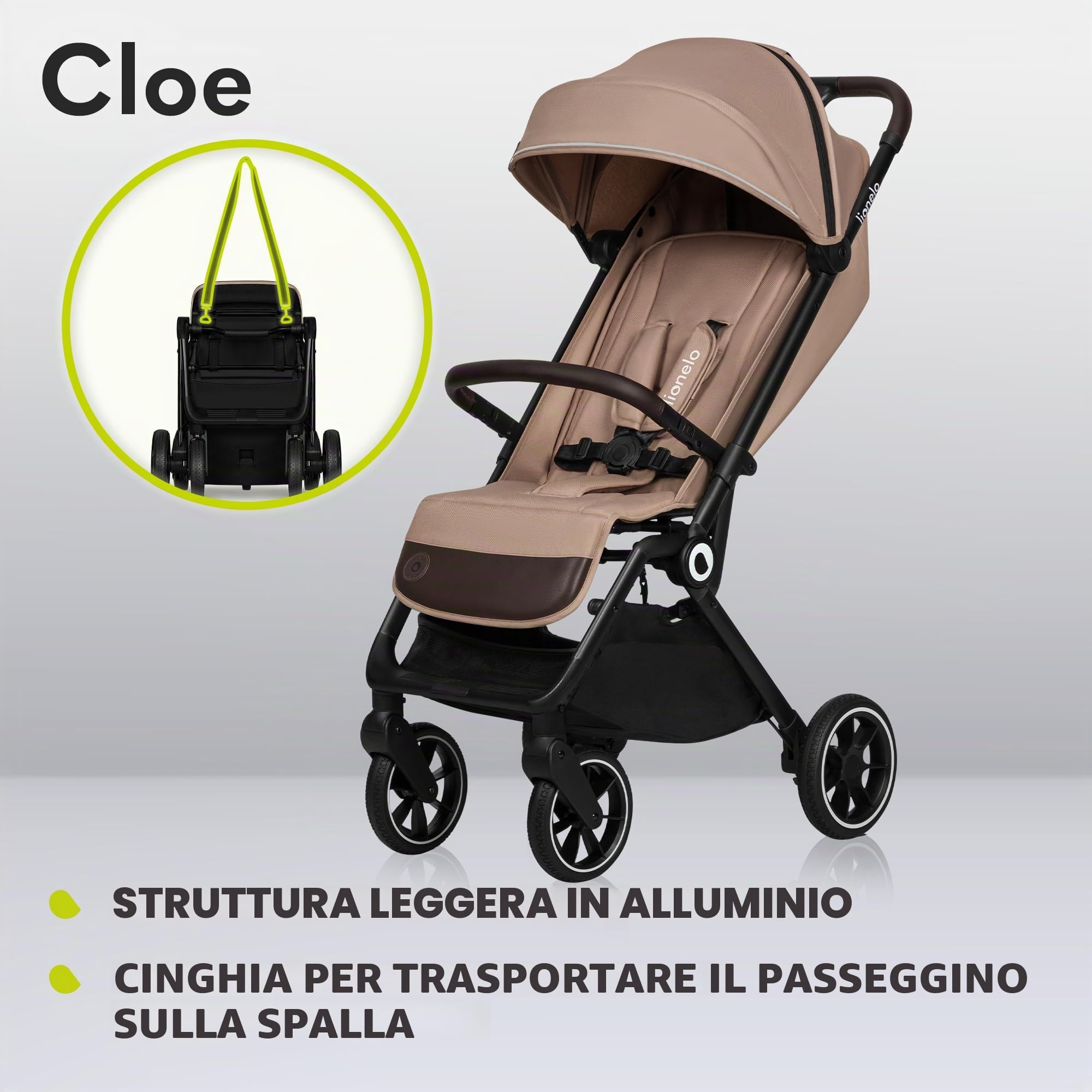 LIONELO Cloe Passeggino Leggero e Pieghevole per bambini da 6 a 48 Mesi | Passegino Compatto fino a 22 kg, Schienale Reclinabile, Posizione Distesa, Cinture a 5 Punti, Ruote XXL, Zanzariera