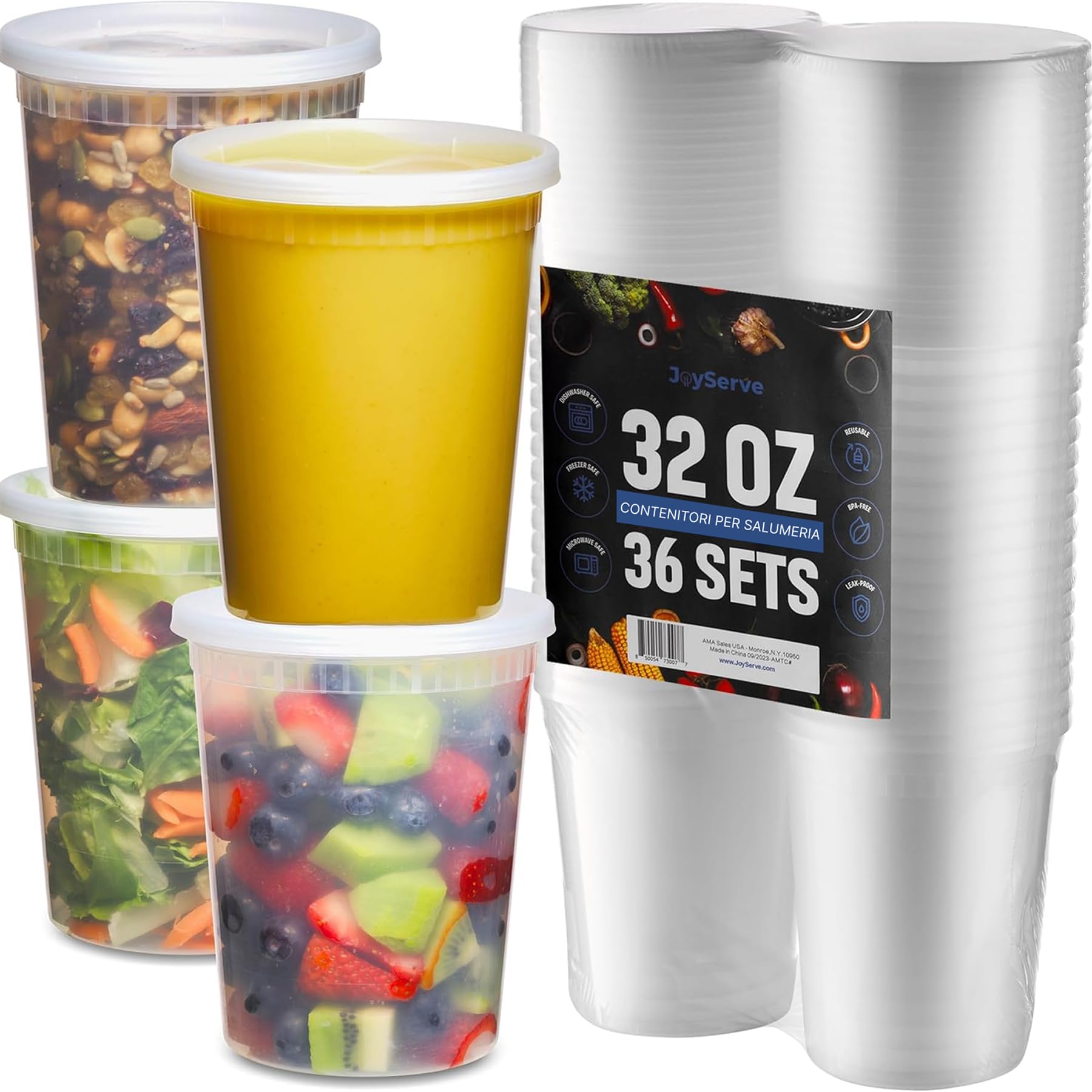 JoyServe 946,3 ml contenitori alimentari (36 set) – contenitori ermetici in plastica 1 L con coperchi, senza BPA, per asporto/meal prep/zuppe, adatti a freezer, microonde e lavastoviglie