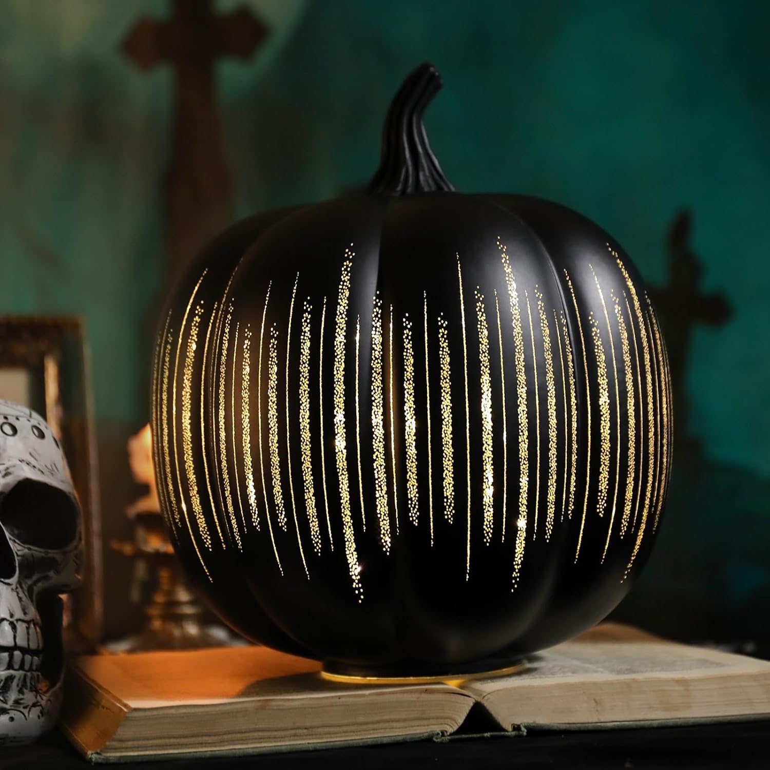 Starry Night Glass Pumpkin Lights, Illuminated Light up Fall Pumpkins Table Lamps Indoor Home Decoration for Thanksgiving Halloween Party Tabletop Decor, 1PCS