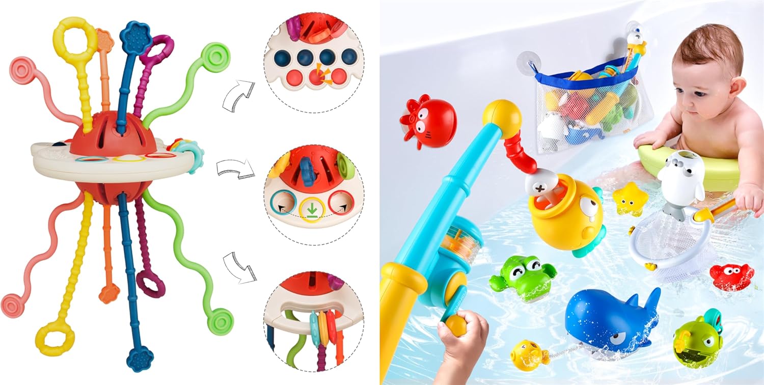 Sensory Pull Strings & Magnetic Fishing Bath Toy Set