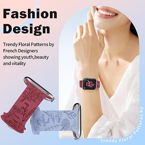 Miniatura 2 de Paquete de 4 correas grabadas florales compatibles con correas de Apple Watch de 1.496 pulgadas, 1.575 pulgadas, 1.614 pulgadas, 1.654 pulgadas,