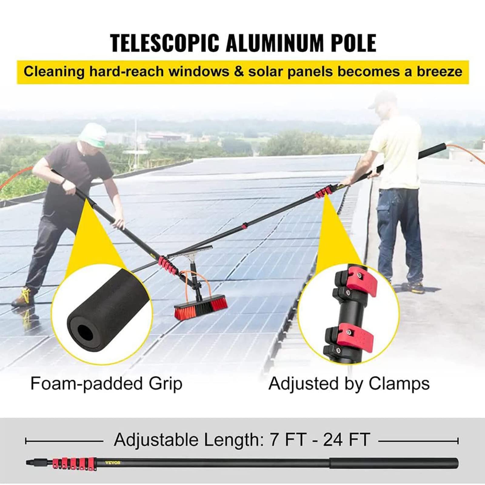 Cepillo de limpieza de paneles solares ajustable, limpiador de ventanas extensible con raspador y aerosol, panel solar para exteriores y kit de limpieza de ventanas para un máximo brillo.