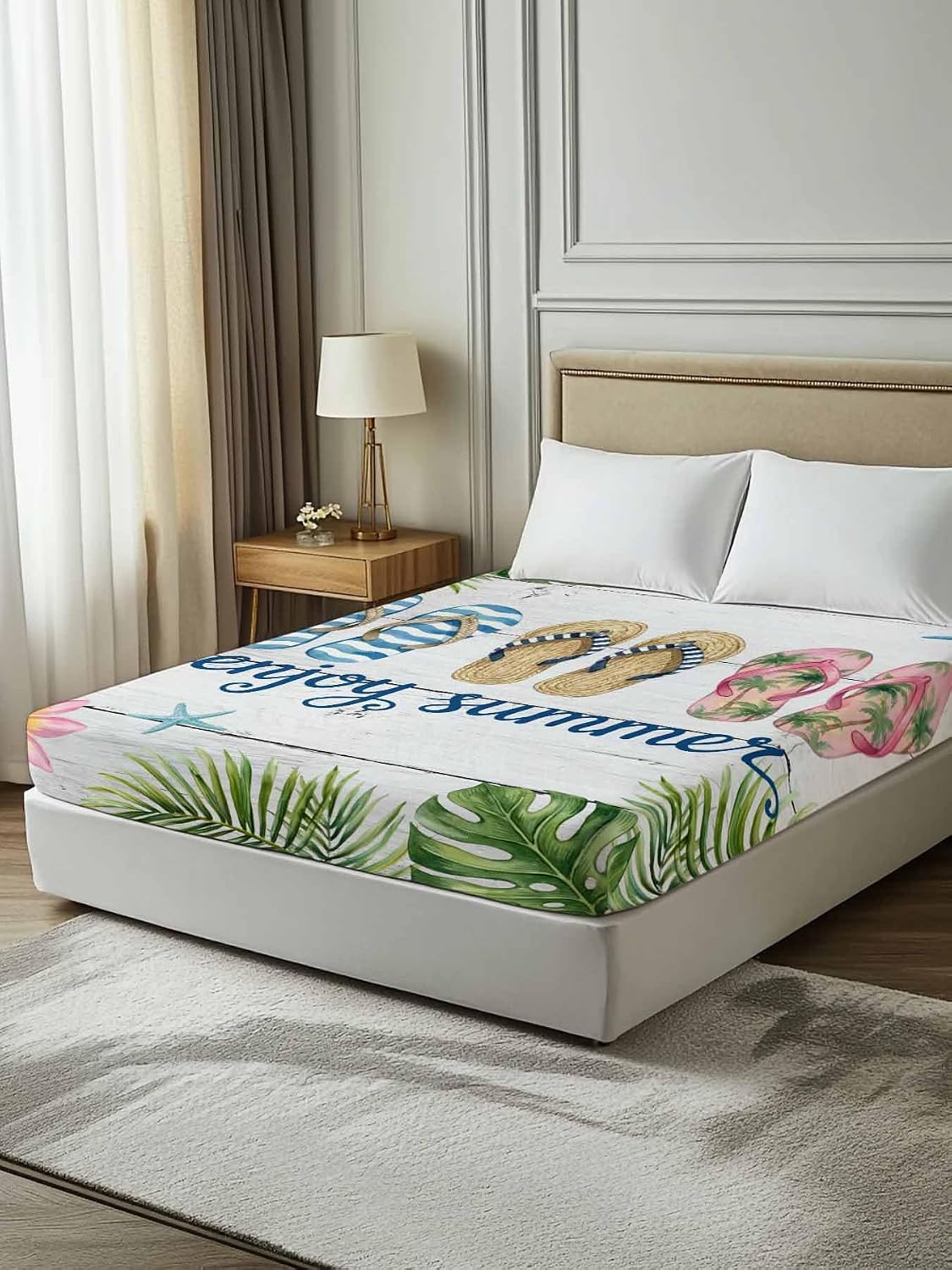 Top Sheet Full Bedding Flat Sheet Only, Summer Beach Tropical Leaves Microfiber Bed Sheets Soft Breathable Bedding Flat Sheets, Slippers on White Plank Hotel Luxury Top Sheets
