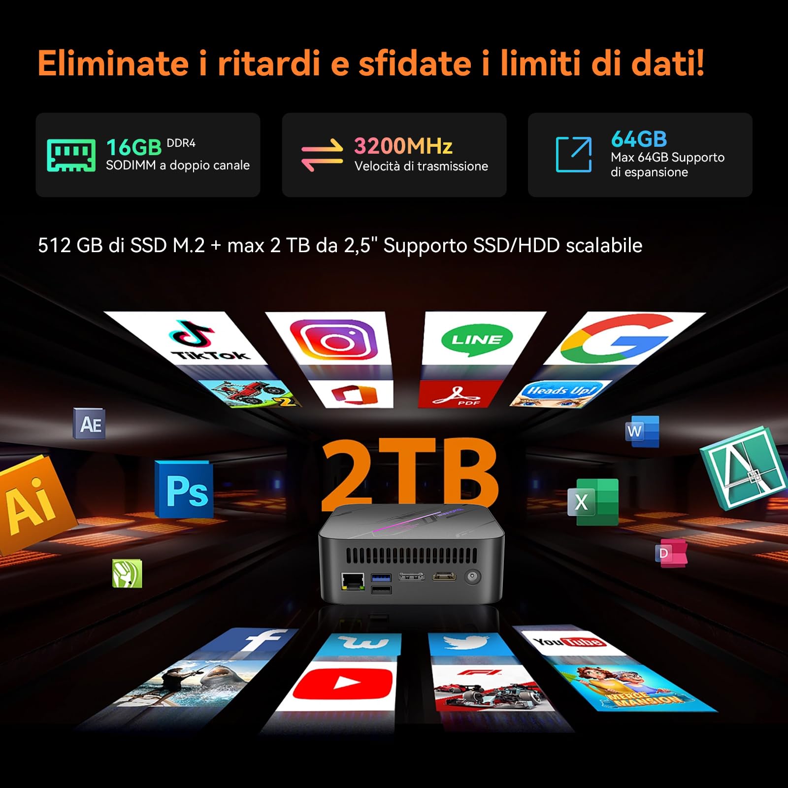 Blackview MP100 Mini PC, AMD Ryzen 7 5825U (8C/16T, fino a 4,5 GHz),16 GB RAM 512 GB SSD Mini PC Gaming,Triplo display 4K/WiFi 6/Bluetooth 5.2/USB 3.2/Tipo C/RGB/Desktop compatto per gaming e lavoro